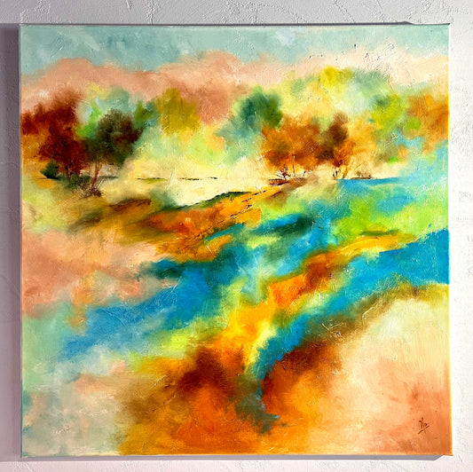 Monique Lietta, "L'oasis" : 80x80cm, huile.