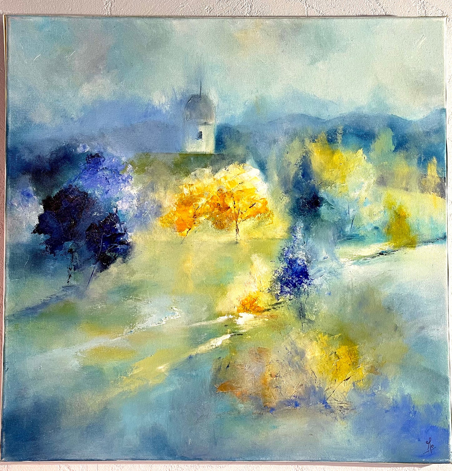 Monique Lietta, "Le clocher" : 60x60cm, huile.