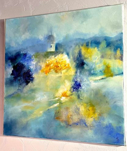 Monique Lietta, "Le clocher" : 60x60cm, huile.